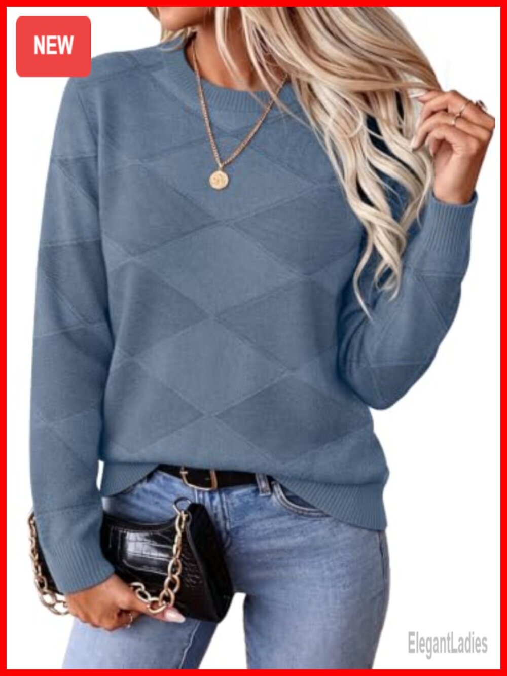 Women's Knit Pullover Sweater Long Sleeve Crew Neck Diamond Pattern